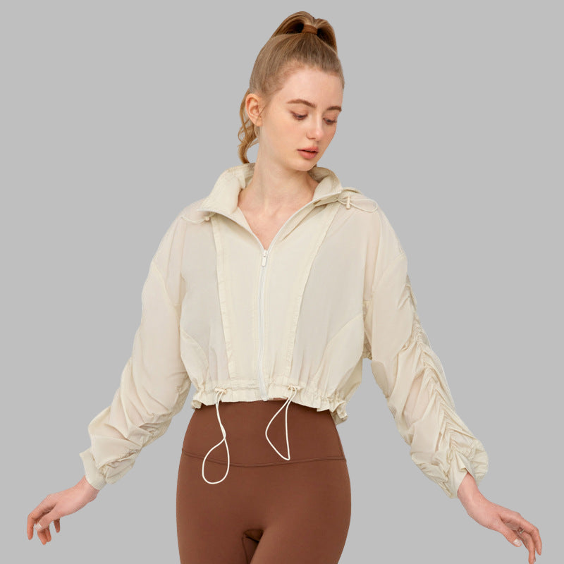 High Grade Sun Protective Loose Short Breathable Long Sleeve Hooded Ruched Jacket