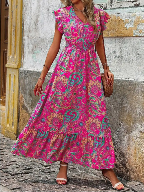 Summer seaside vacation fashion floral print sleeveless dress