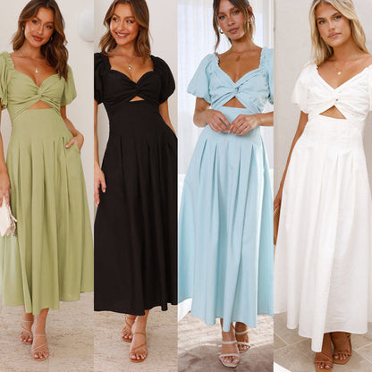 Sexy hollow women's senior sense slim A word waist medium and long dress