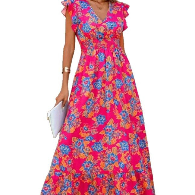 Summer seaside vacation fashion floral print sleeveless dress