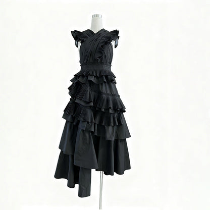 Spring Elegant Elegant Wooden Ear Stitching High Grade V neck Cross Maxi Dress Women Clothing