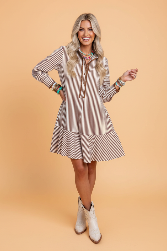 Stripe Embroidered Trim Ruffle Hem Collared Dress
