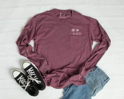 Palm Tree Beach Vacation Pocket Comfort Colors Long Sleeve Shirt