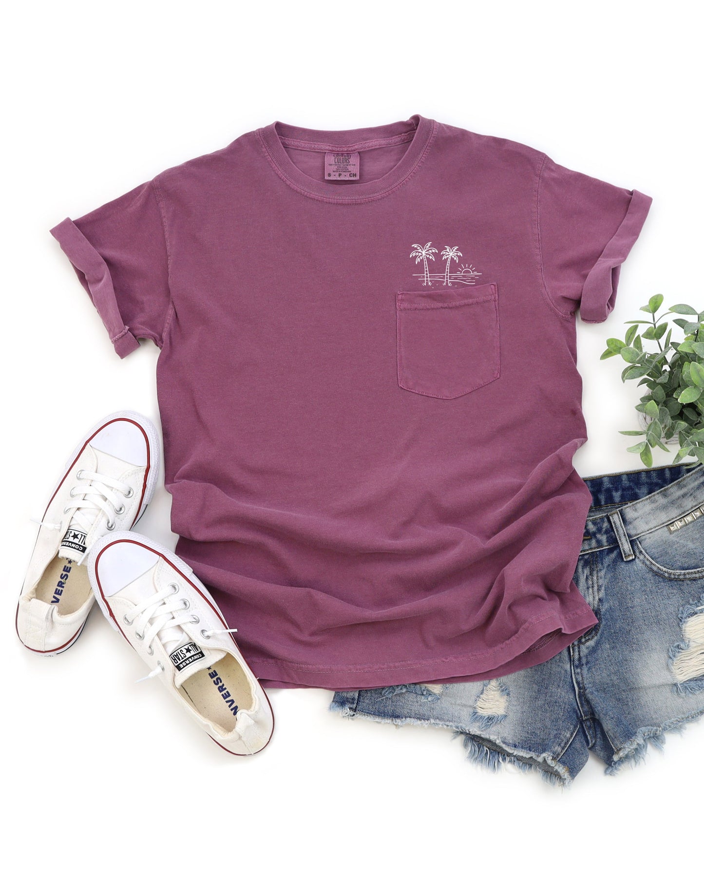 Palm Tree & Beach Comfort Colors Pocket T-Shirt – Nature Camping Lake Outdoor Graphic Tee