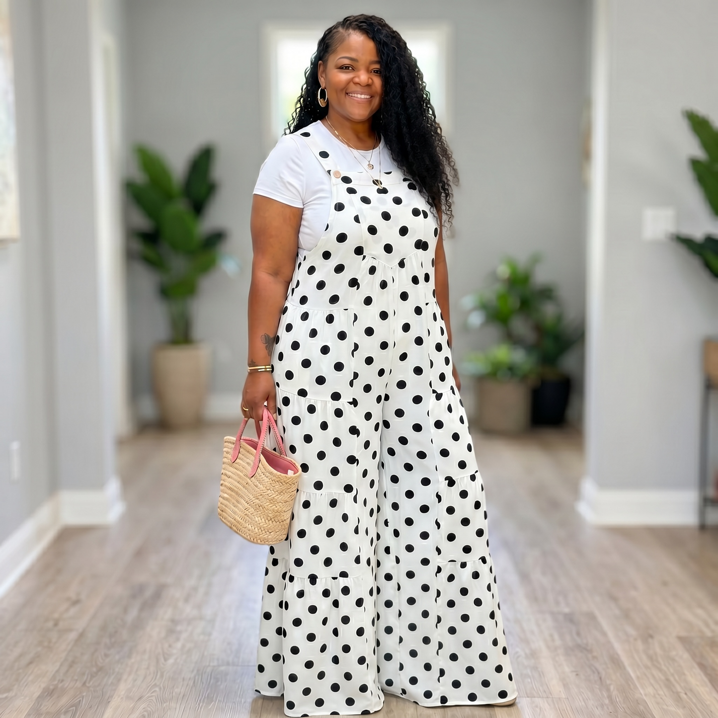 Womens Plus SIze Polka Dot Wide Leg Jumpsuit