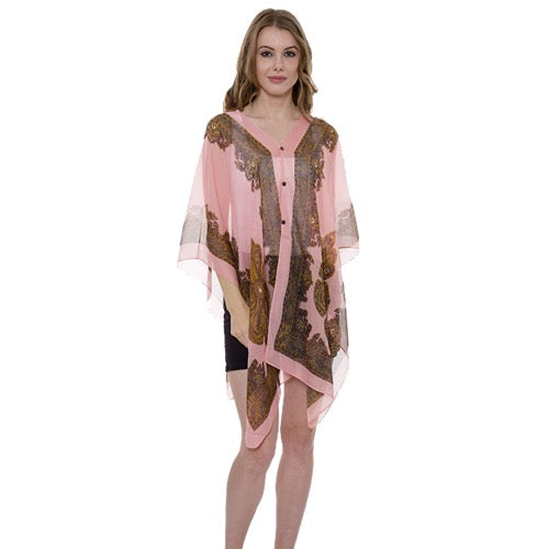 Button Detail Paisley Print V-Neck Poncho Cover Up Beachwear