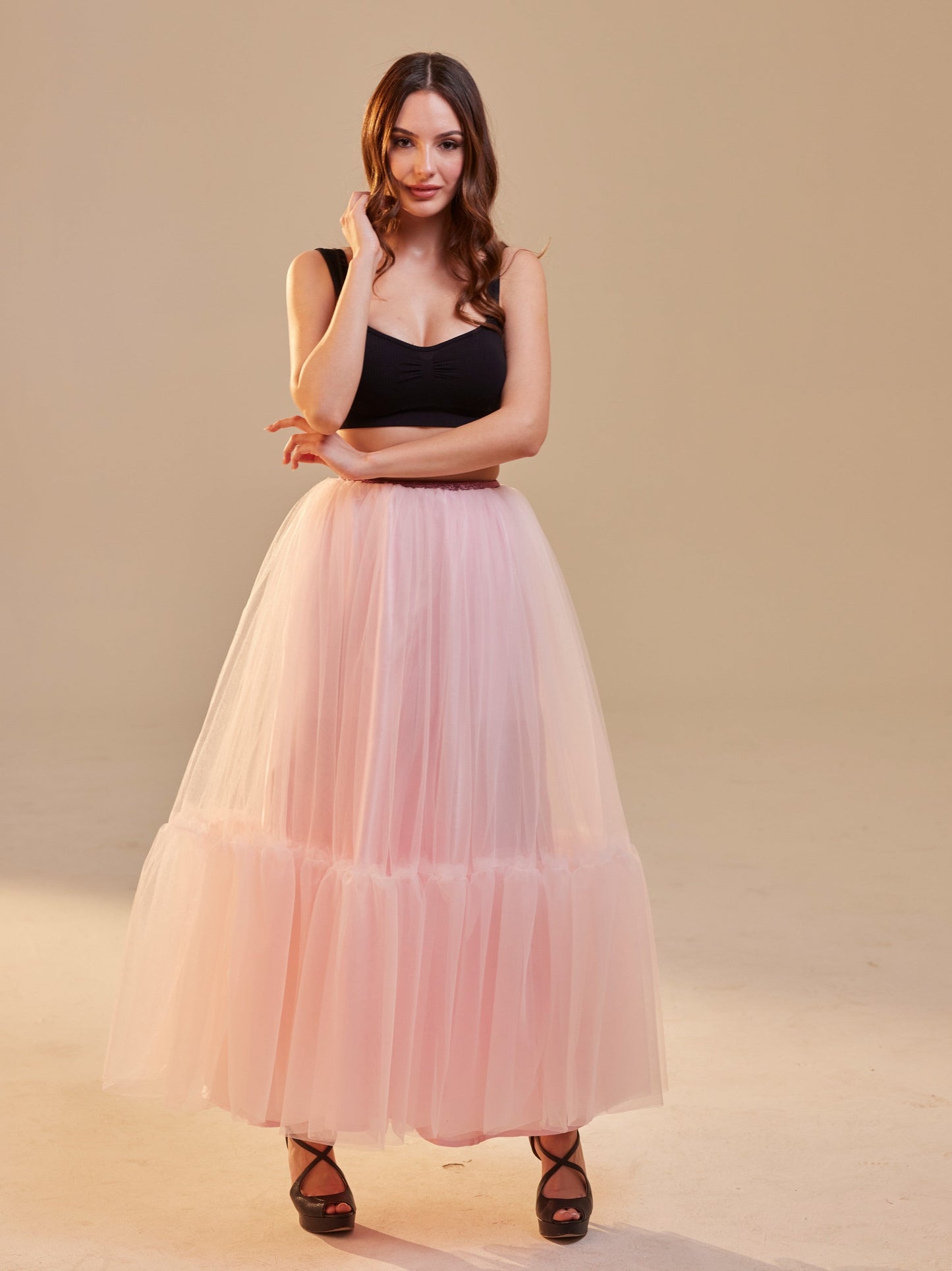 Pink Layered Tulle Skirt , Ruffled Maxi Skirt for Women, Long Tulle Skirt, Elegant Bridesmaid Skirt,