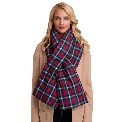 Plaid Check Puffy Scarf Check Quilted Pull Thru Scarf