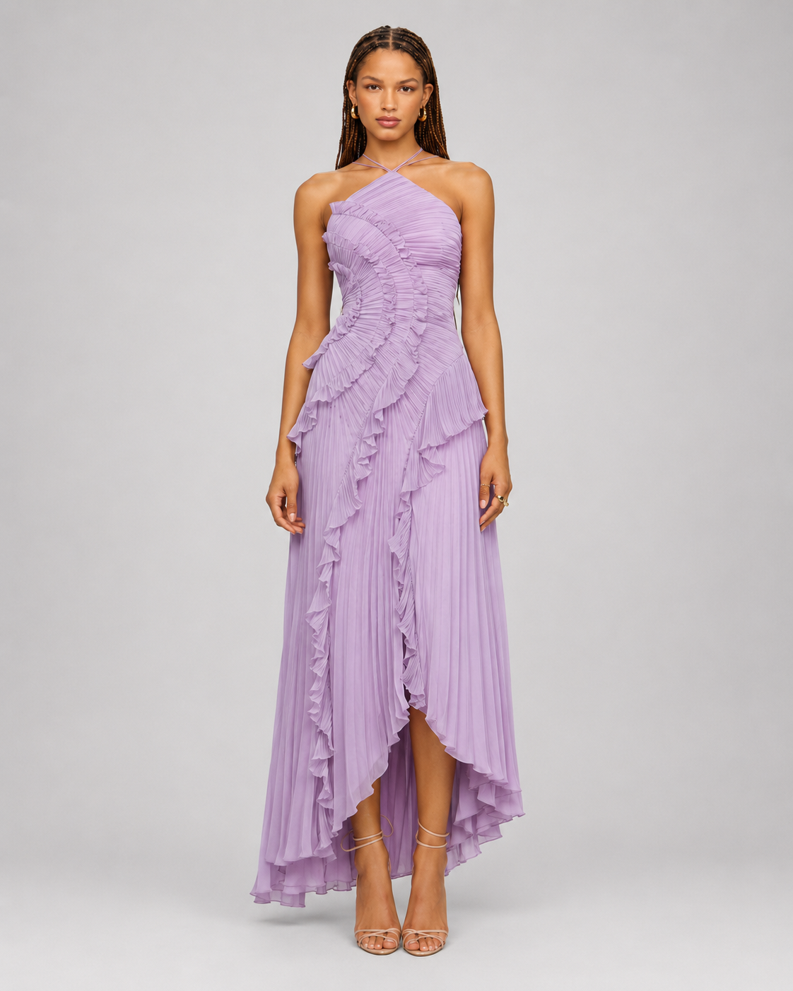 Pleated Halter Maxi Dress – Ruffled Asymmetric Wedding Guest Gown