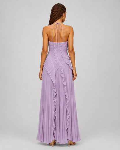 Pleated Halter Maxi Dress – Ruffled Asymmetric Wedding Guest Gown