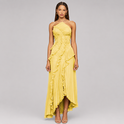 Pleated Halter Maxi Dress – Ruffled Asymmetric Wedding Guest Gown