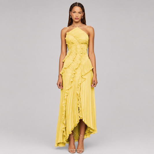 Pleated Halter Maxi Dress – Ruffled Asymmetric Wedding Guest Gown
