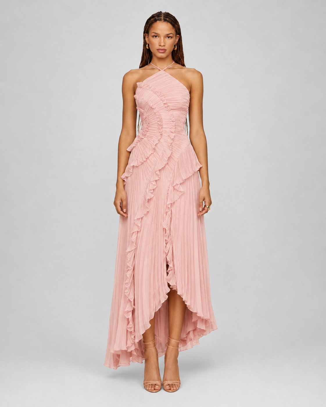 Pleated Halter Maxi Dress – Ruffled Asymmetric Wedding Guest Gown