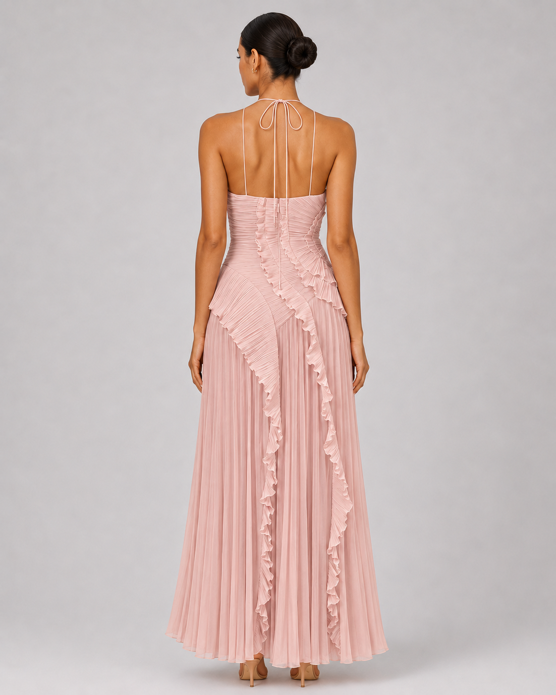 Pleated Halter Maxi Dress – Ruffled Asymmetric Wedding Guest Gown