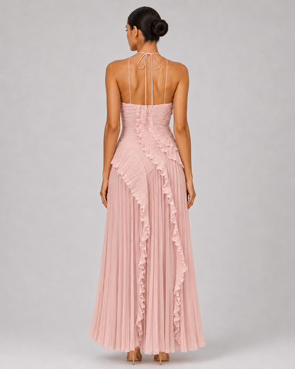 Pleated Halter Maxi Dress – Ruffled Asymmetric Wedding Guest Gown