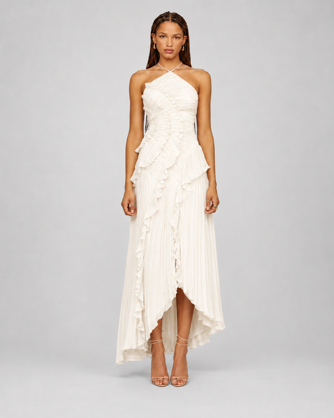 Pleated Halter Maxi Dress – Ruffled Asymmetric Wedding Guest Gown