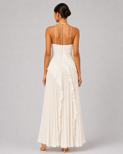 Pleated Halter Maxi Dress – Ruffled Asymmetric Wedding Guest Gown