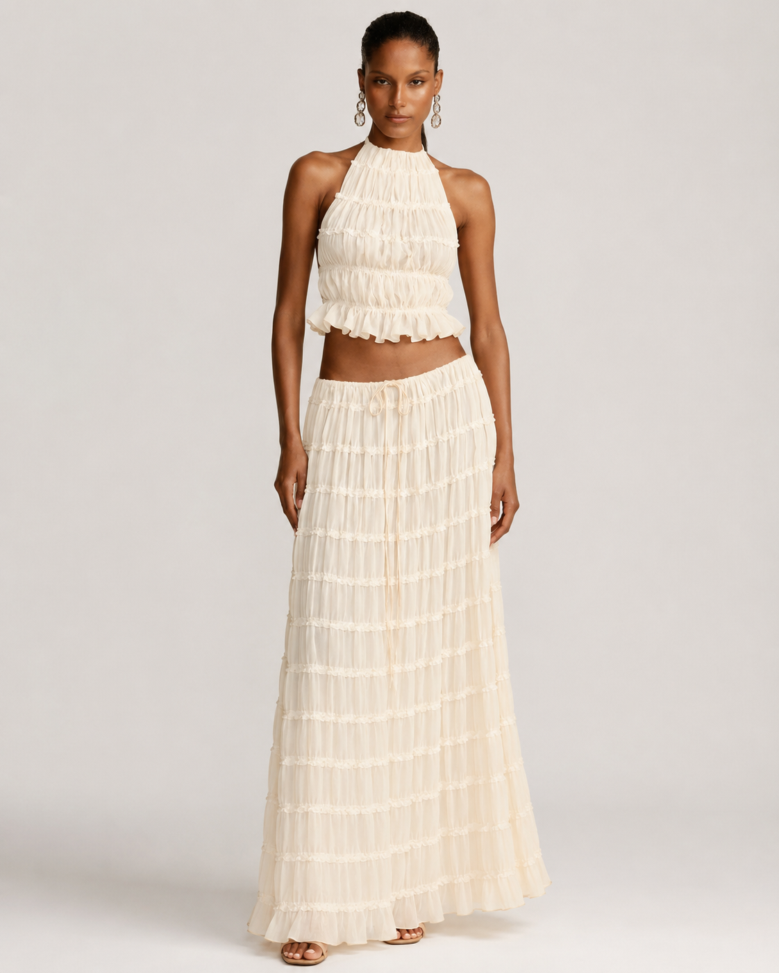 Pleated Ruffle 2 Piece Maxi Set – Backless Halter Crop Top and Tiered Long Skirt