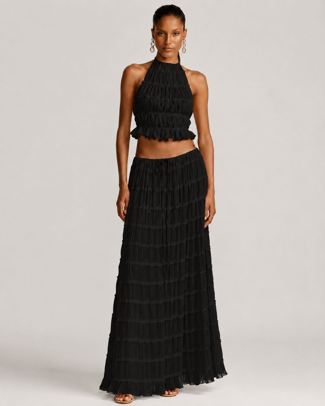 Pleated Ruffle 2 Piece Maxi Set – Backless Halter Crop Top and Tiered Long Skirt