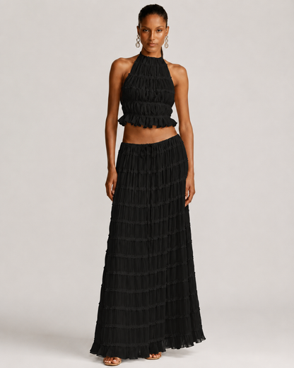 Pleated Ruffle 2 Piece Maxi Set – Backless Halter Crop Top and Tiered Long Skirt