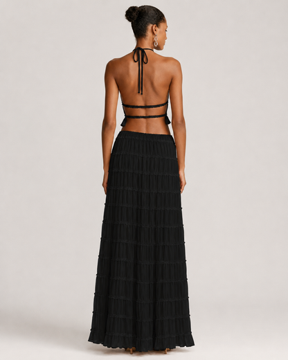 Pleated Ruffle 2 Piece Maxi Set – Backless Halter Crop Top and Tiered Long Skirt
