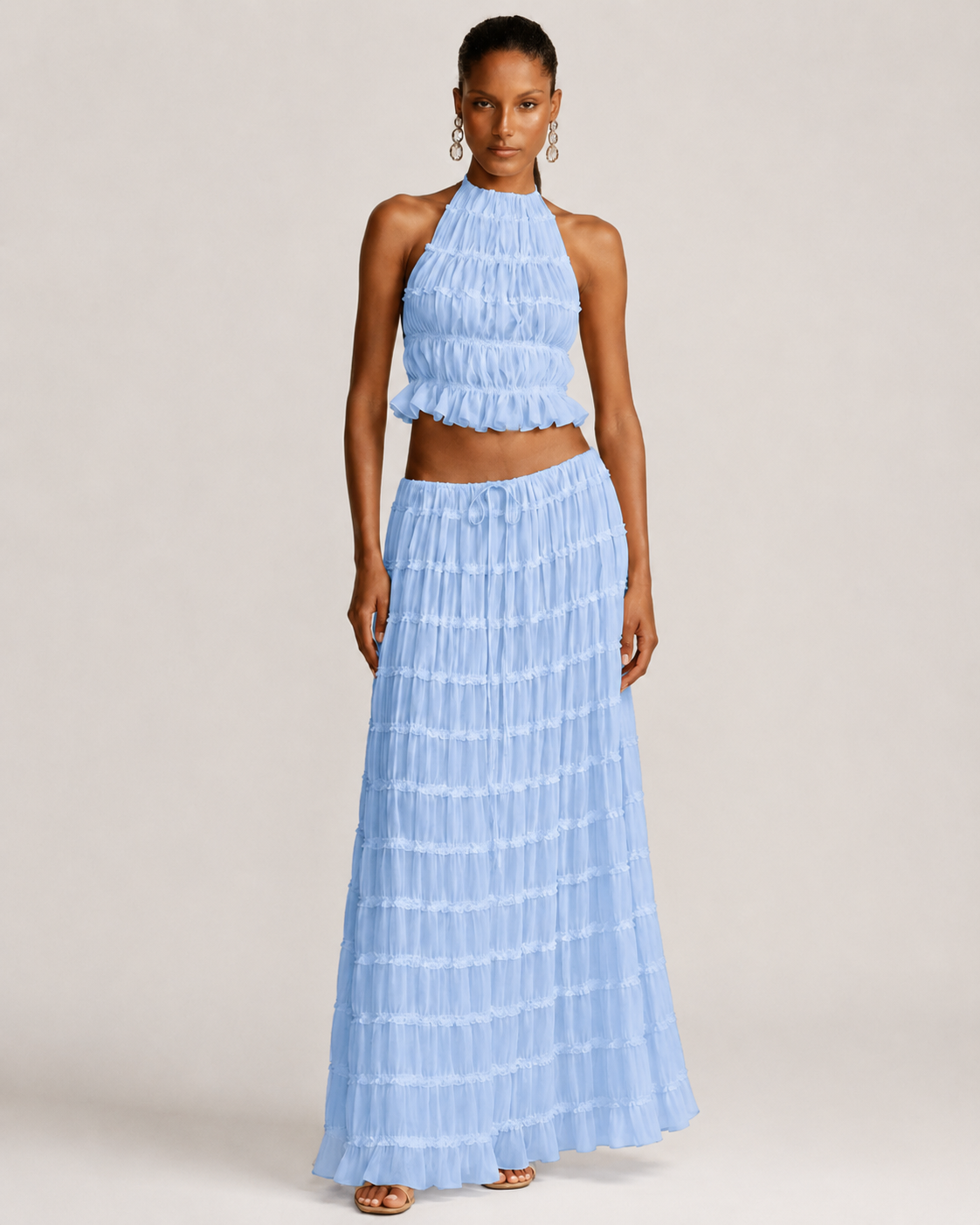 Pleated Ruffle 2 Piece Maxi Set – Backless Halter Crop Top and Tiered Long Skirt