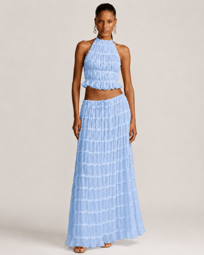 Pleated Ruffle 2 Piece Maxi Set – Backless Halter Crop Top and Tiered Long Skirt