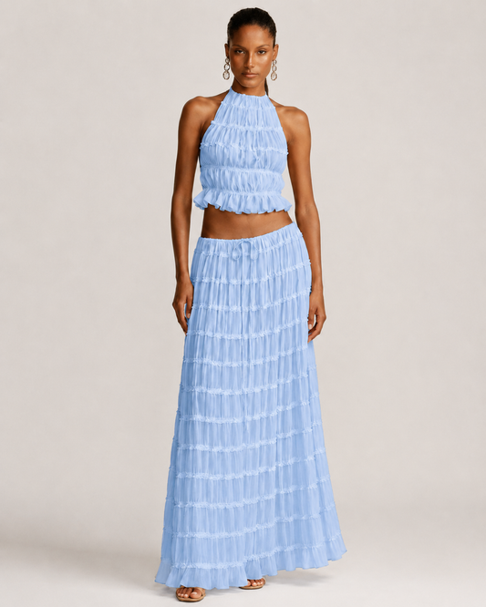 Pleated Ruffle 2 Piece Maxi Set – Backless Halter Crop Top and Tiered Long Skirt
