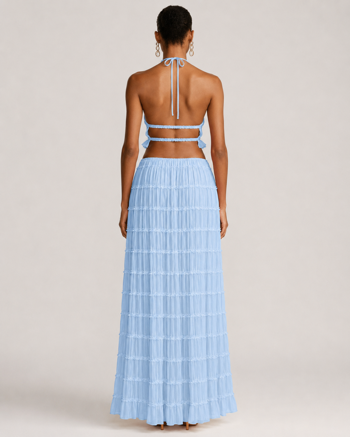 Pleated Ruffle 2 Piece Maxi Set – Backless Halter Crop Top and Tiered Long Skirt