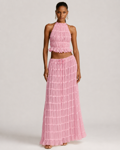 Pleated Ruffle 2 Piece Maxi Set – Backless Halter Crop Top and Tiered Long Skirt