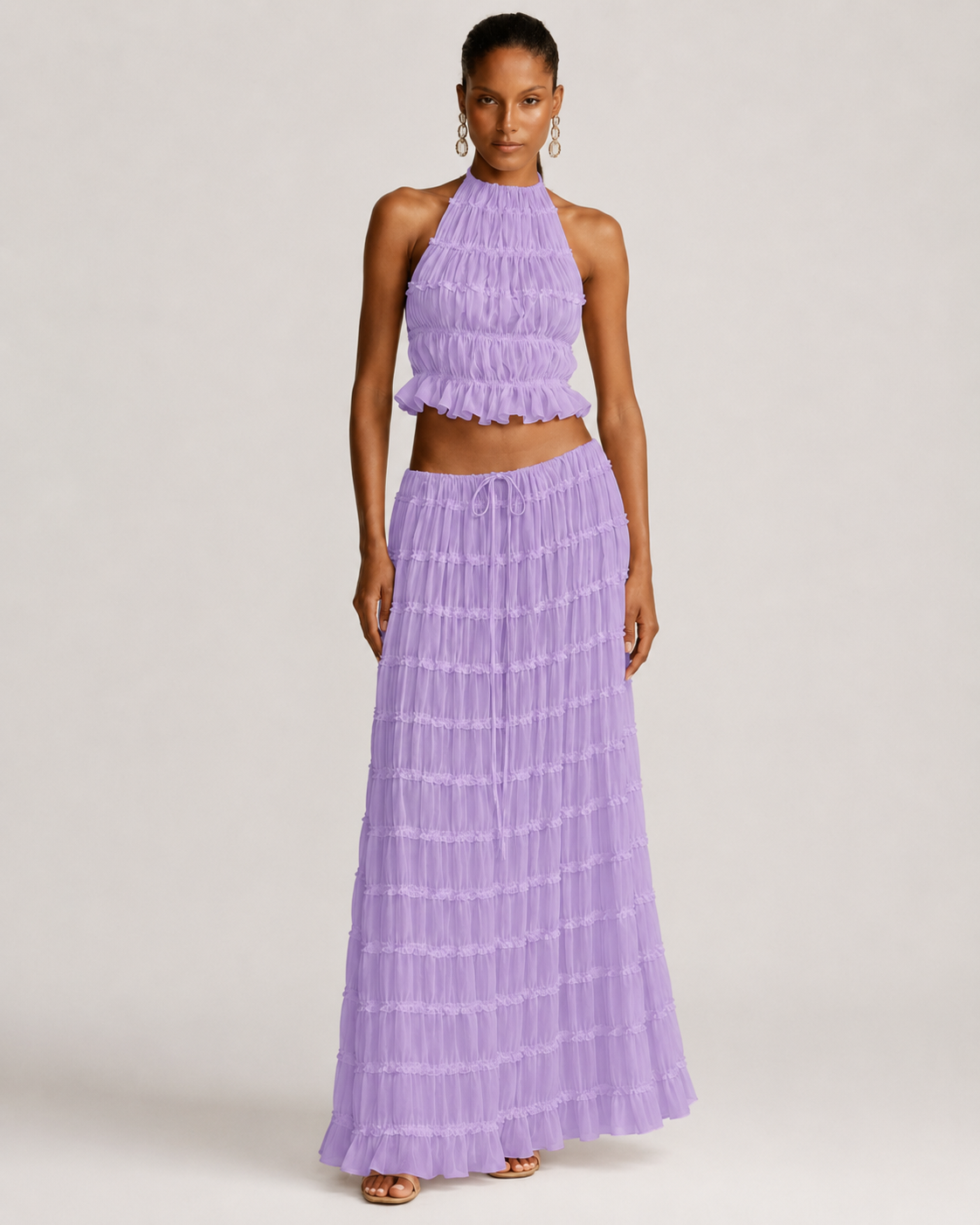 Pleated Ruffle 2 Piece Maxi Set – Backless Halter Crop Top and Tiered Long Skirt