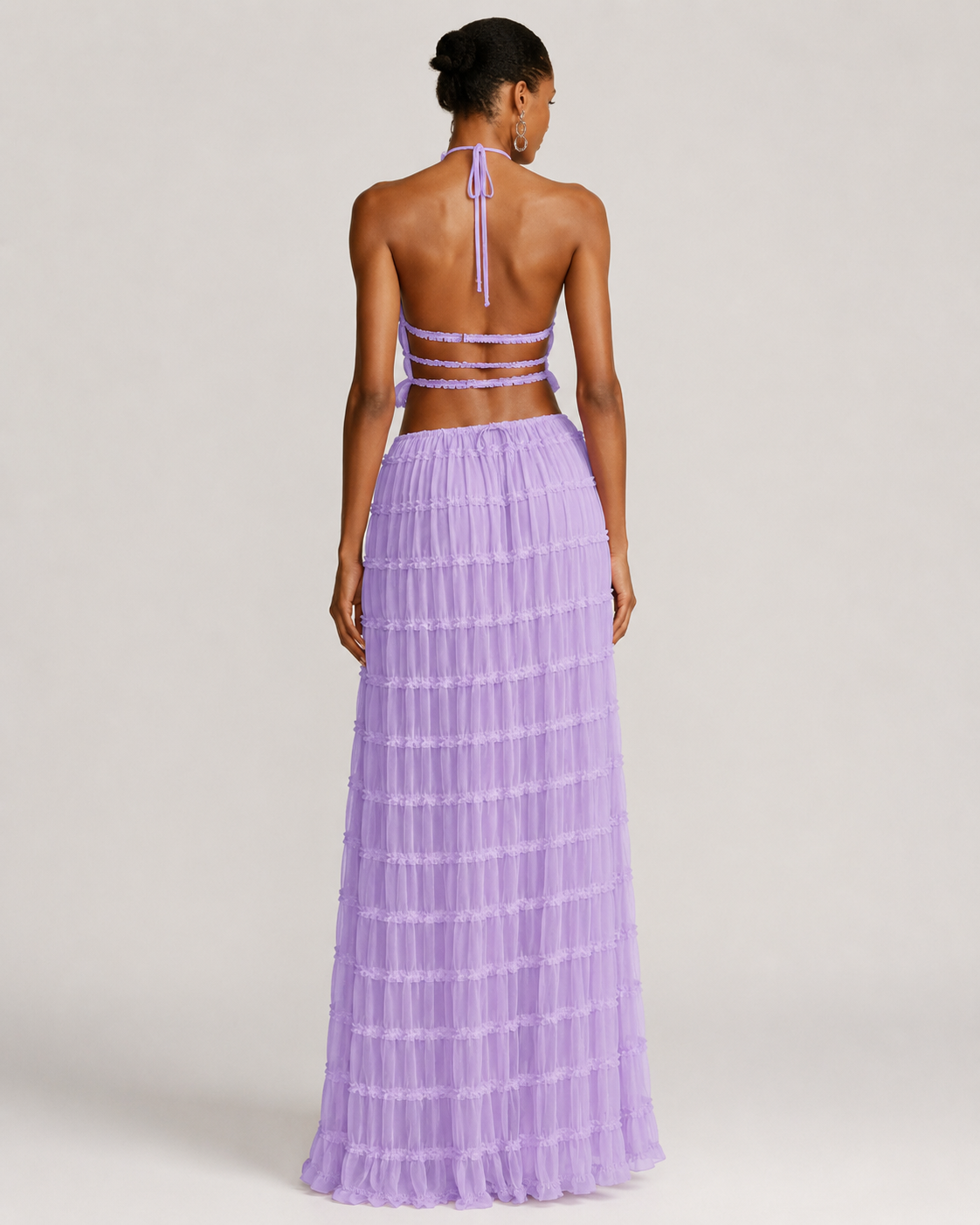 Pleated Ruffle 2 Piece Maxi Set – Backless Halter Crop Top and Tiered Long Skirt