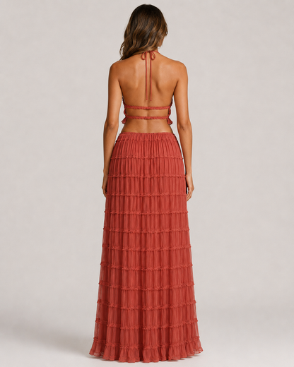 Pleated Ruffle 2 Piece Maxi Set – Backless Halter Crop Top and Tiered Long Skirt