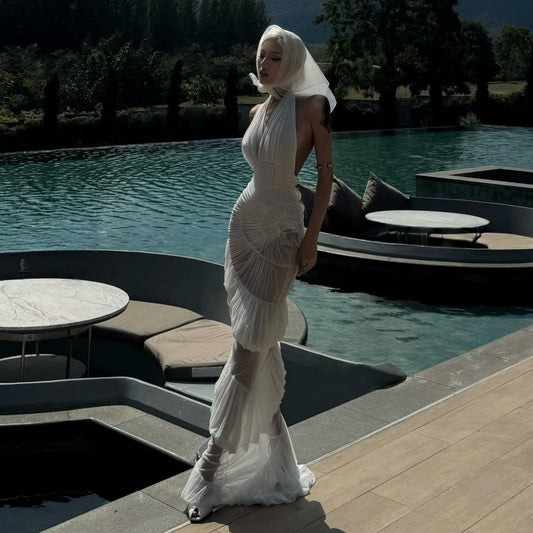 Plot Twist White Sheer Halter Maxi Dress With Built-In Bodysuit