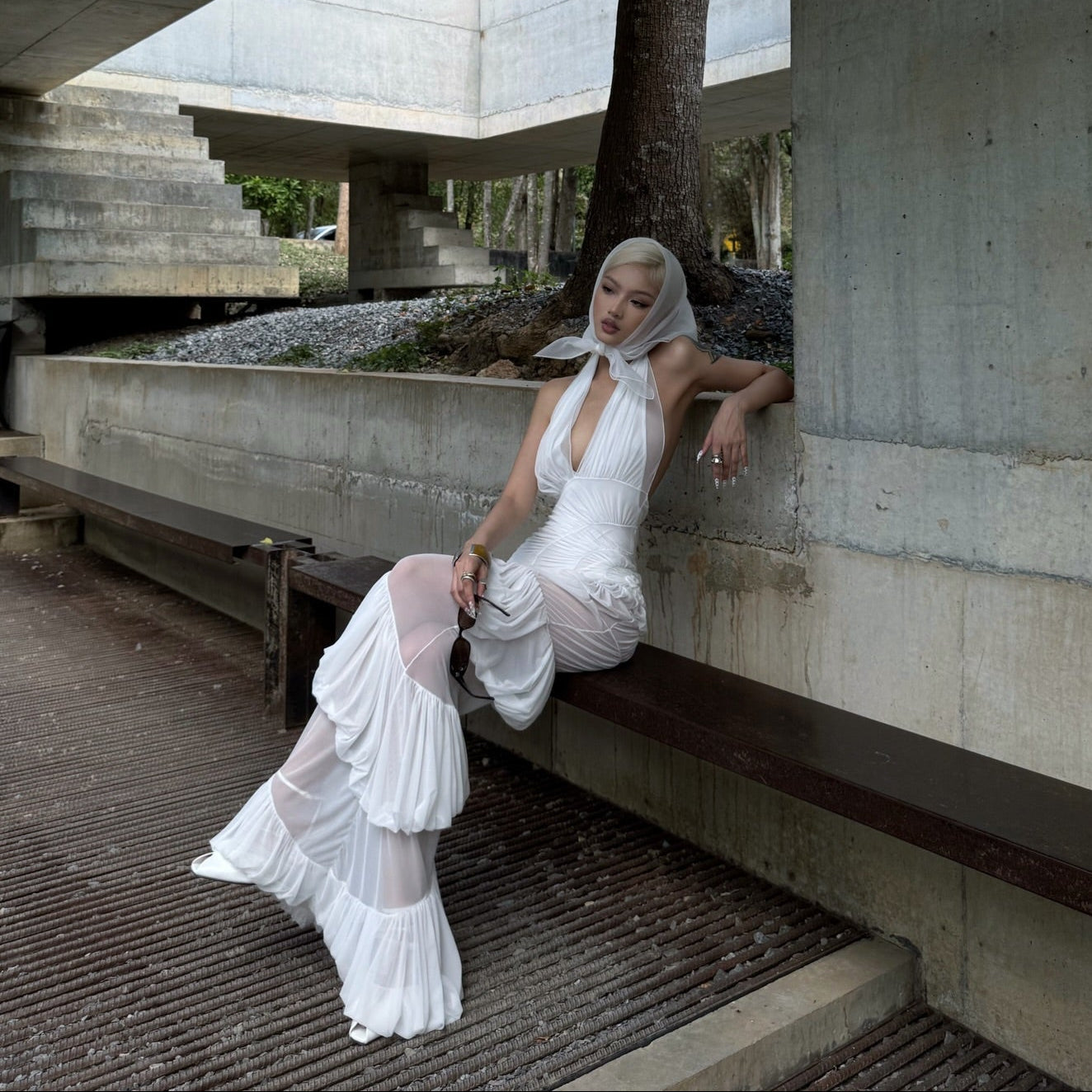 Plot Twist White Sheer Halter Maxi Dress With Built-In Bodysuit