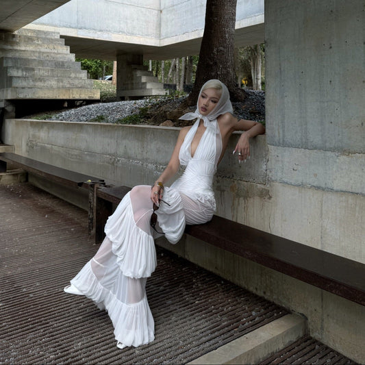 Plot Twist White Sheer Halter Maxi Dress With Built-In Bodysuit