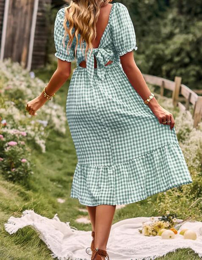 Miss Sparkling Gingham puff sleeve midi dress