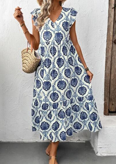 Miss Sparkling Print V-Neck Midi Dress