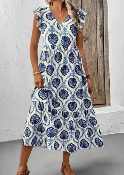 Miss Sparkling Print V-Neck Midi Dress