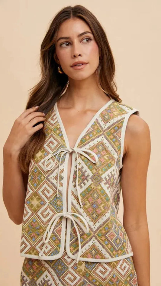 Annie Wear Ethnic Woven Jacquard Tie Front Vest