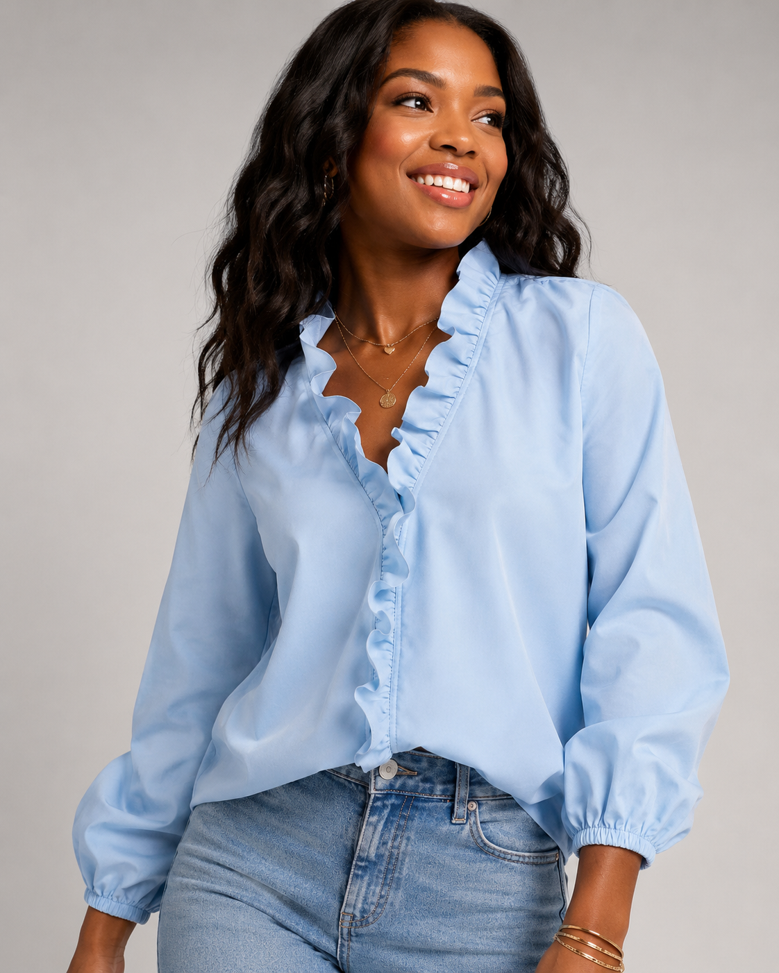 Ruffle V-Neck Long Sleeve Blouse - Casual Lantern Sleeve Loose Fit