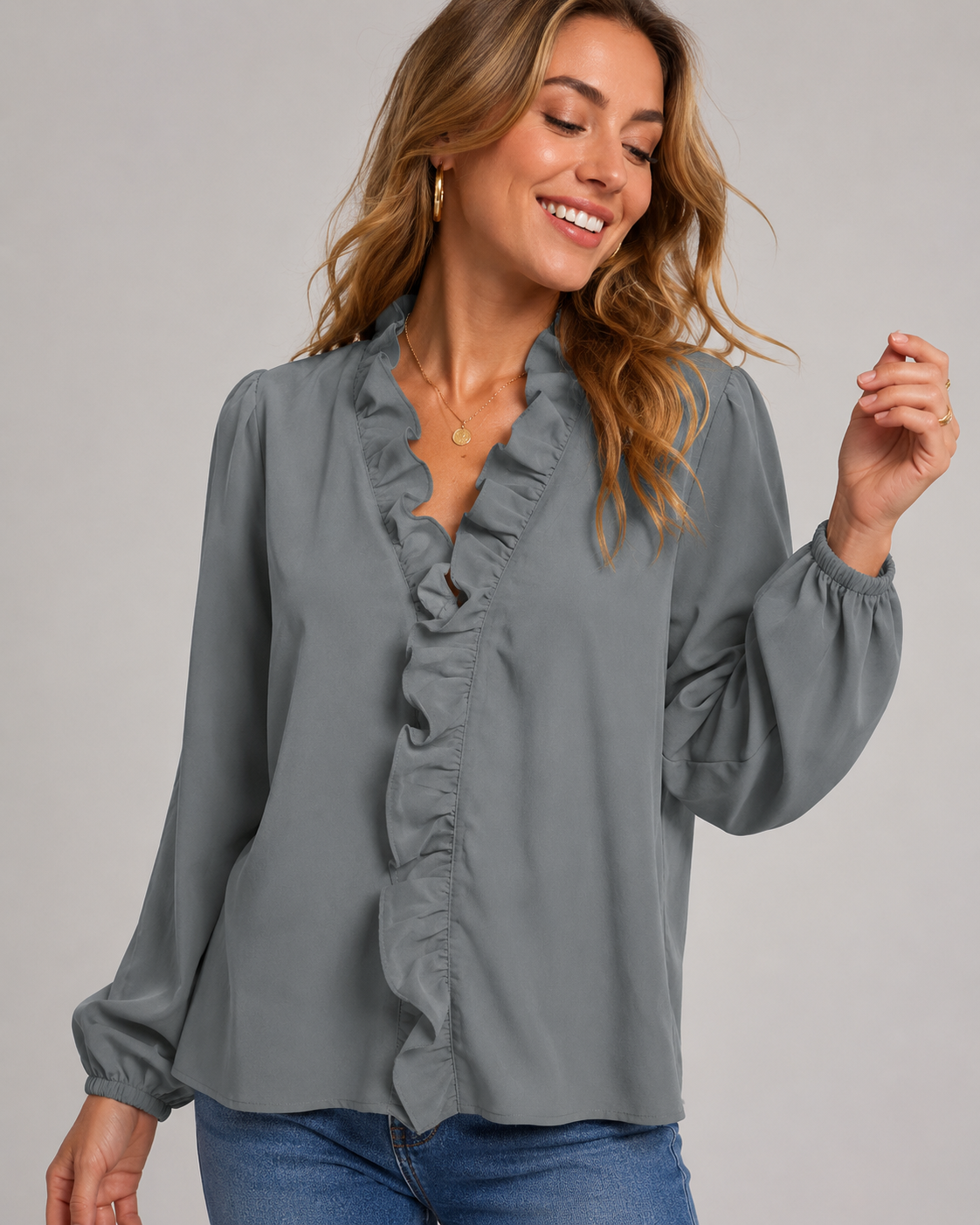 Ruffle V-Neck Long Sleeve Blouse - Casual Lantern Sleeve Loose Fit