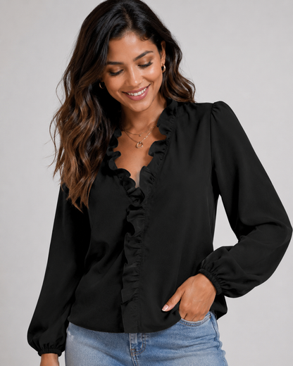 Ruffle V-Neck Long Sleeve Blouse - Casual Lantern Sleeve Loose Fit