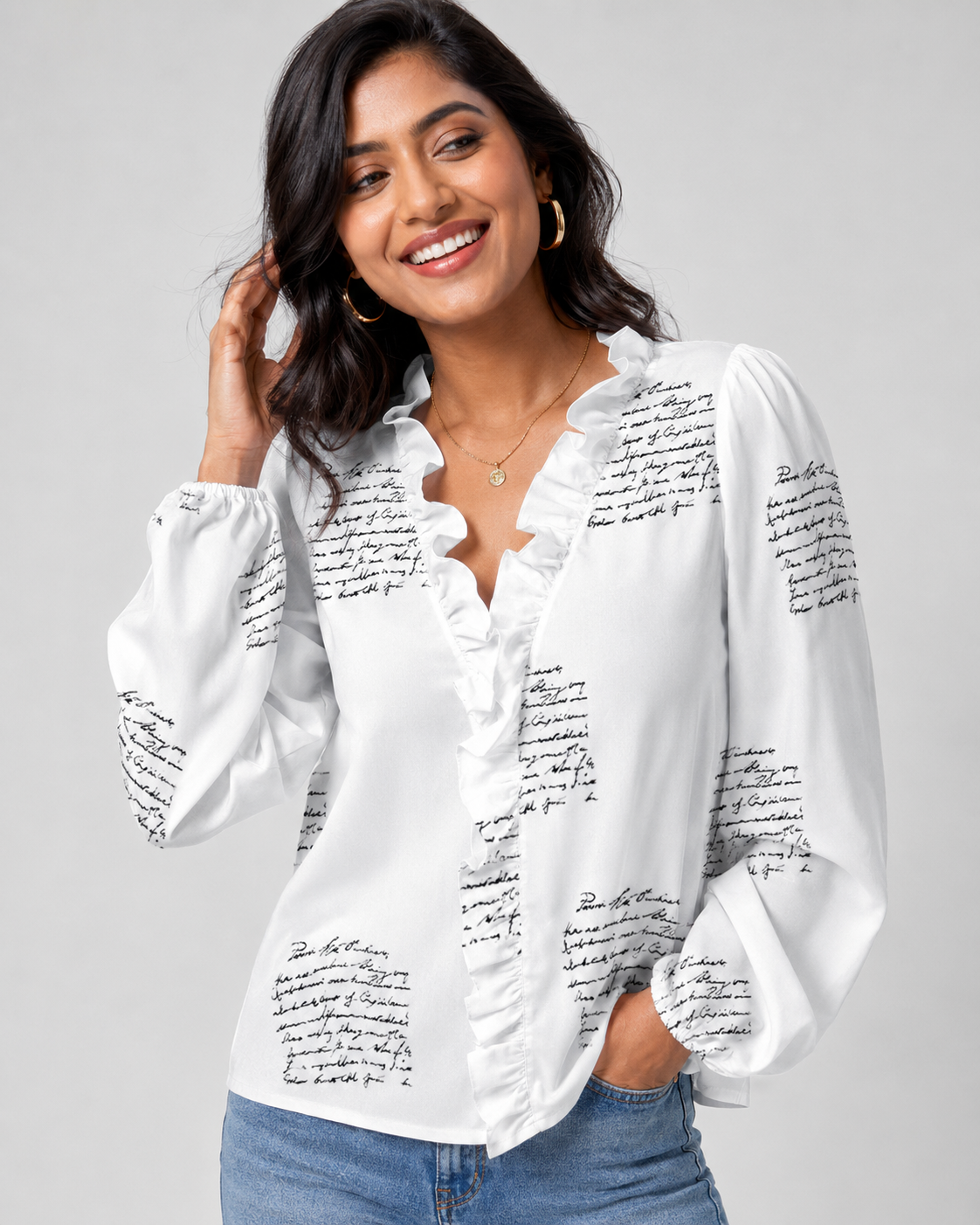 Ruffle V-Neck Long Sleeve Blouse - Casual Lantern Sleeve Loose Fit