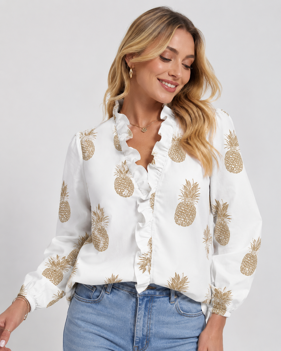 Ruffle V-Neck Long Sleeve Blouse - Casual Lantern Sleeve Loose Fit