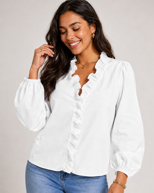 Ruffle V-Neck Long Sleeve Blouse - Casual Lantern Sleeve Loose Fit