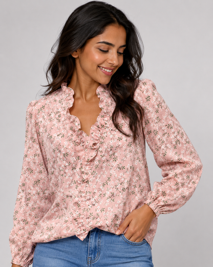 Ruffle V-Neck Long Sleeve Blouse - Casual Lantern Sleeve Loose Fit