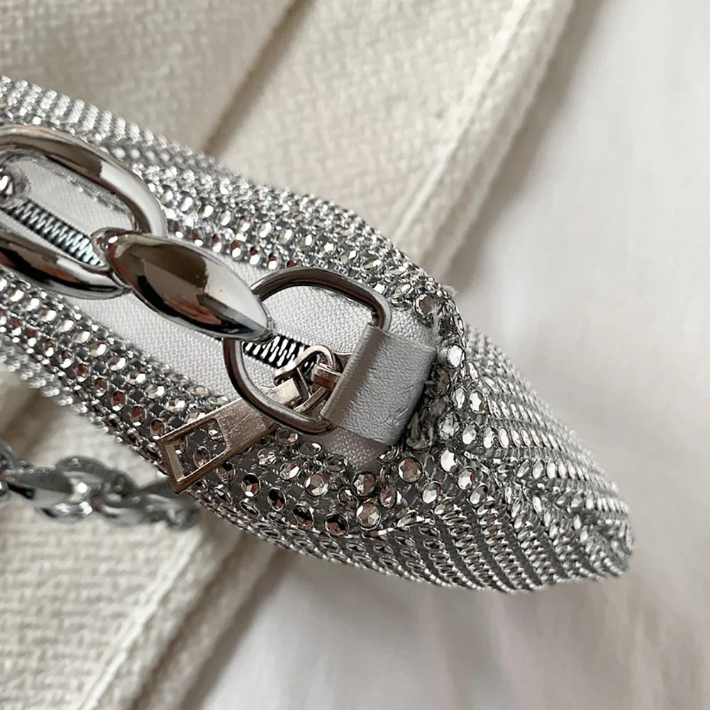 Bling Rhinestone Evening Clutch Bag | Women's Korean Designer Diamond Chain Dinner Party Handbag (Lady Square Tote Shoulder Bag)