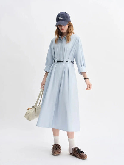 Autumn Vertical Stripe Pleated Shirt Dress with Belt
