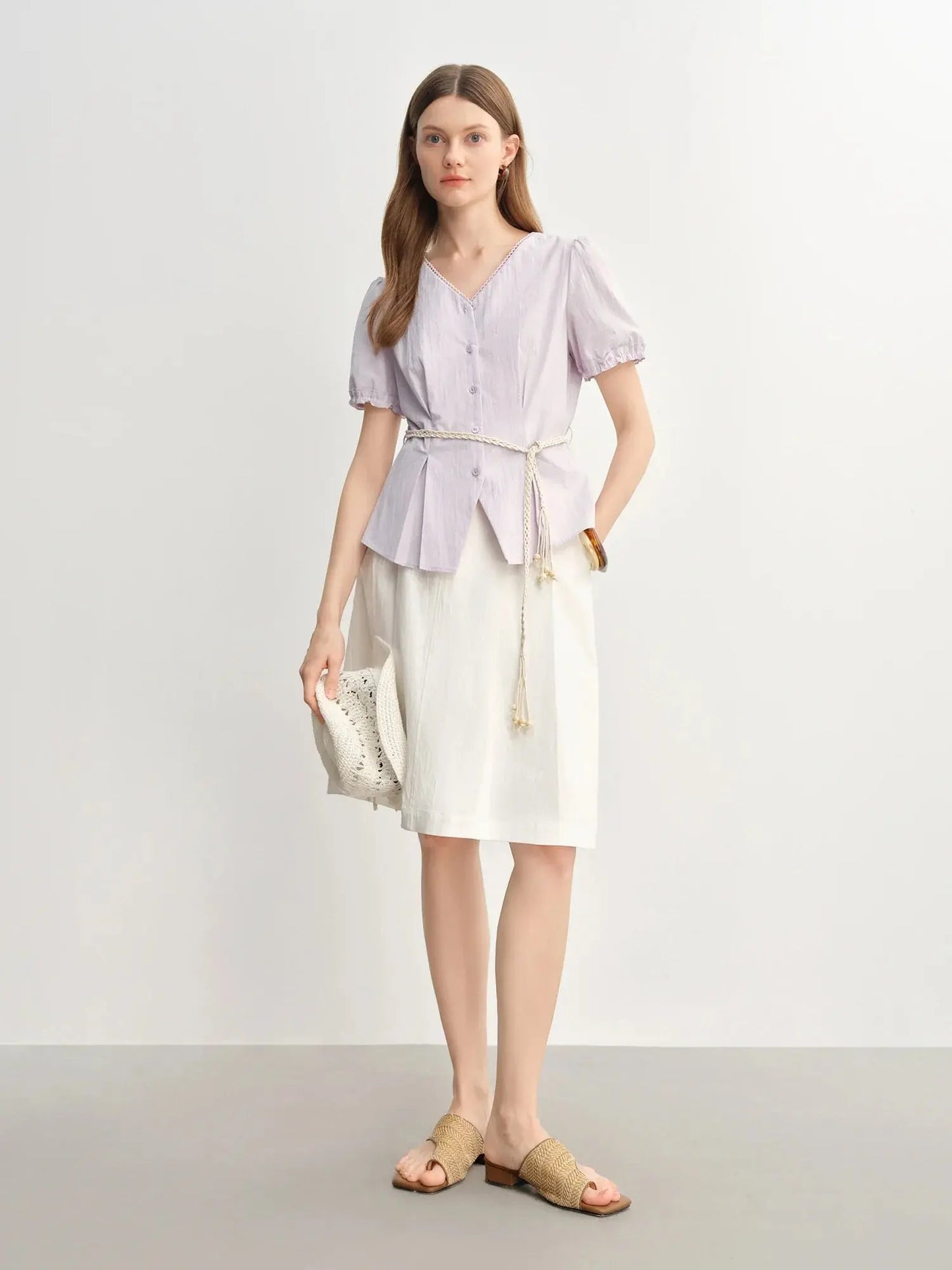 Summer V-Neck Top with Textured Pleats